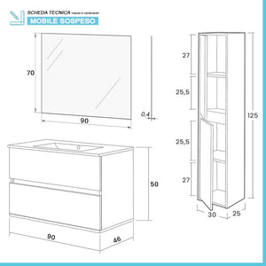 Mobile bagno sospeso 90 cm rovere bianco con pensile H 125 cm Nadia