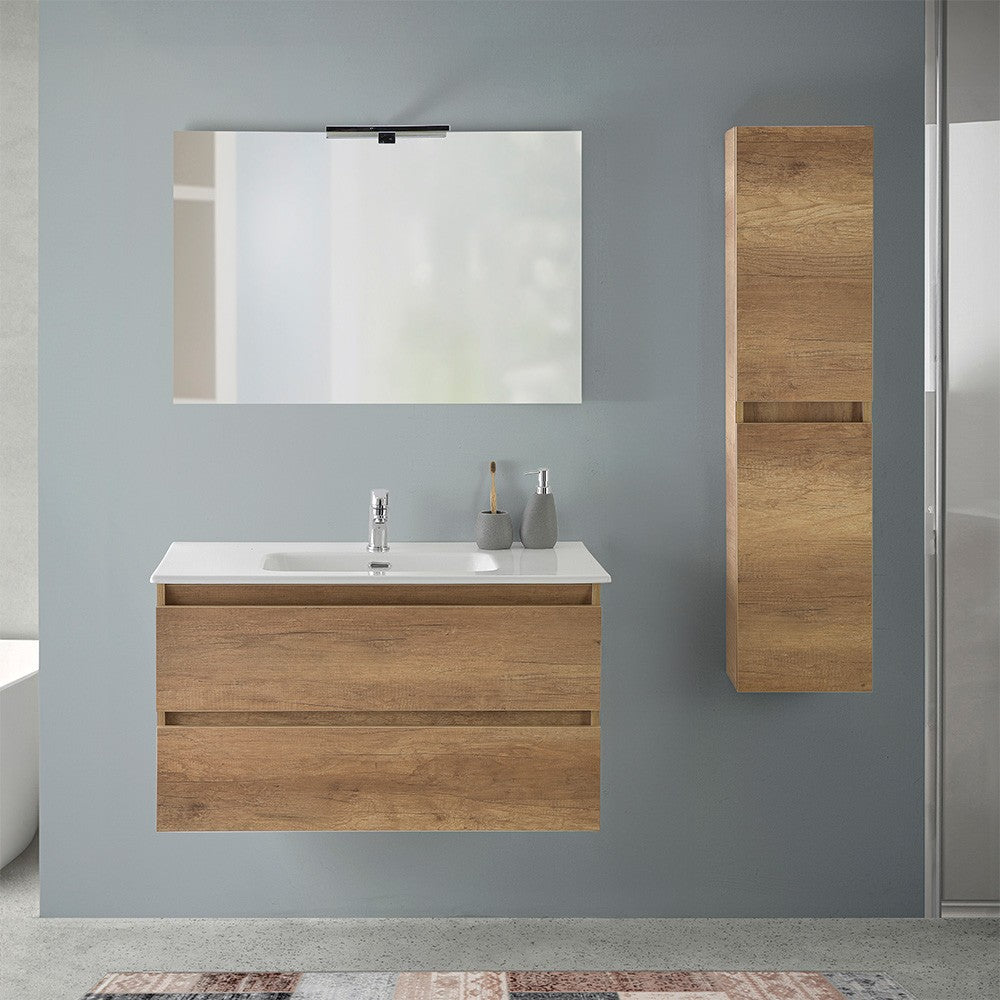 Mobile bagno sospeso 90 cm rovere naturale con pensile H 125 cm Nadia