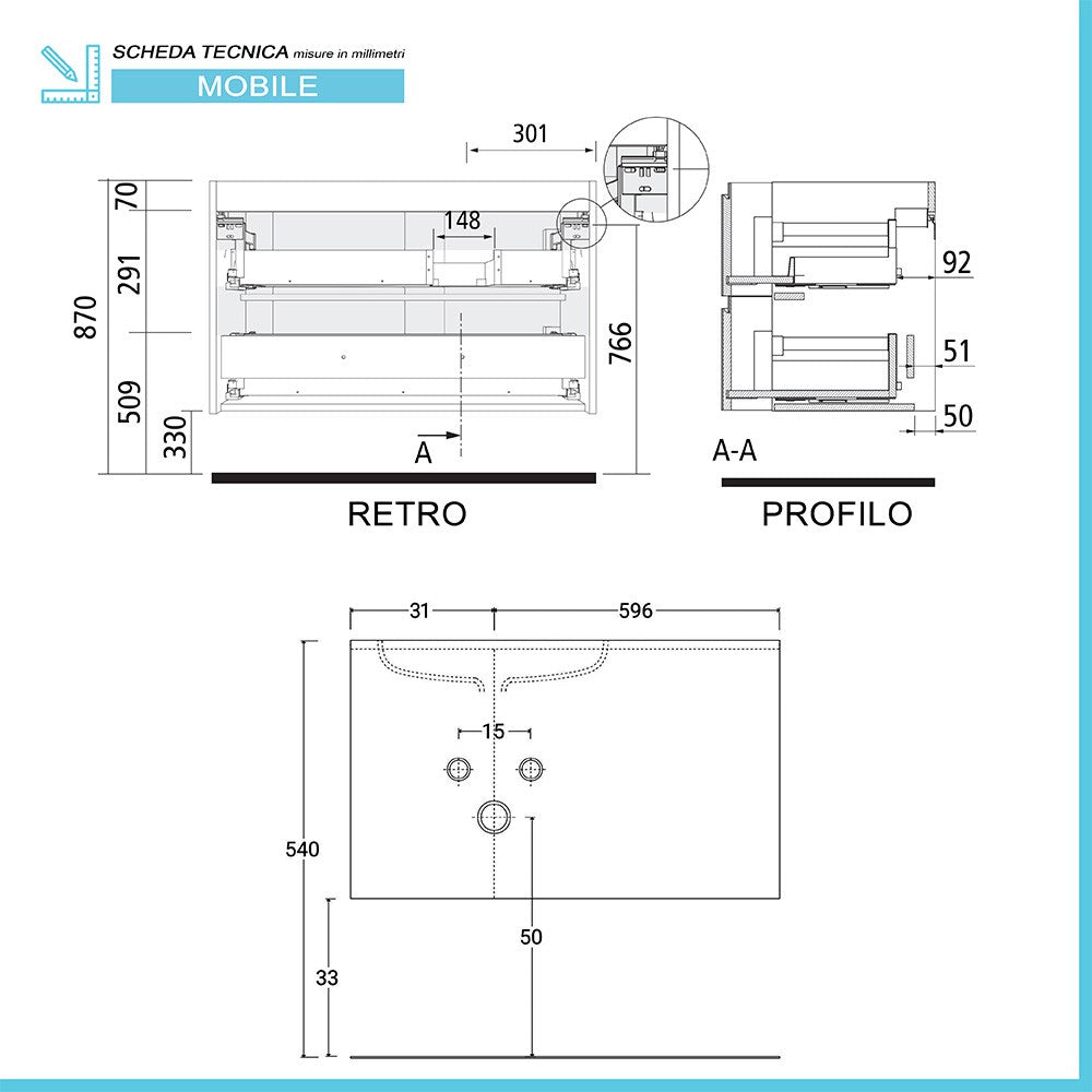 Mobile bagno sospeso 90 cm  Melody bianco opaco con vasca decentrata