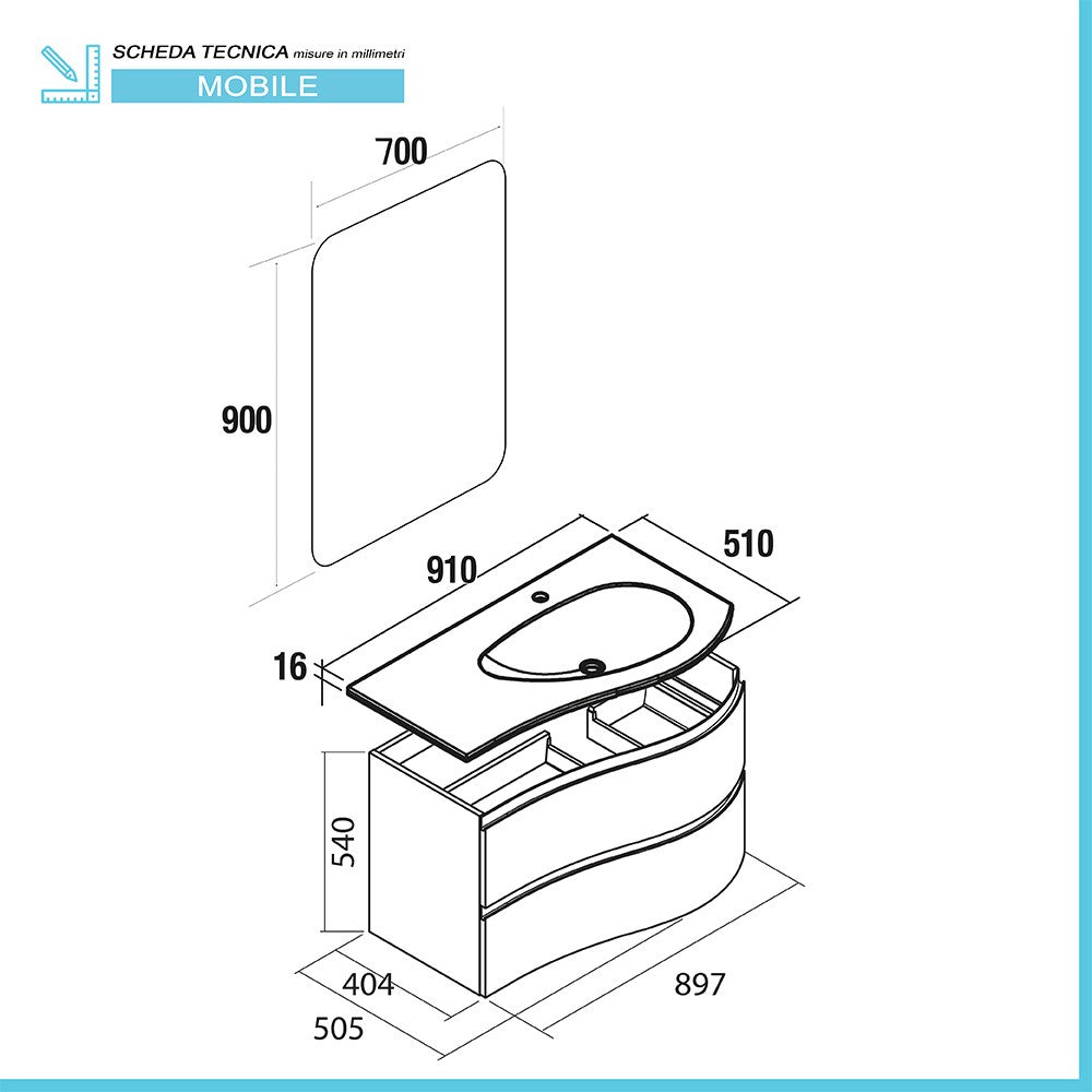 Mobile bagno sospeso 90  cm Melody bianco opaco con vasca e specchio