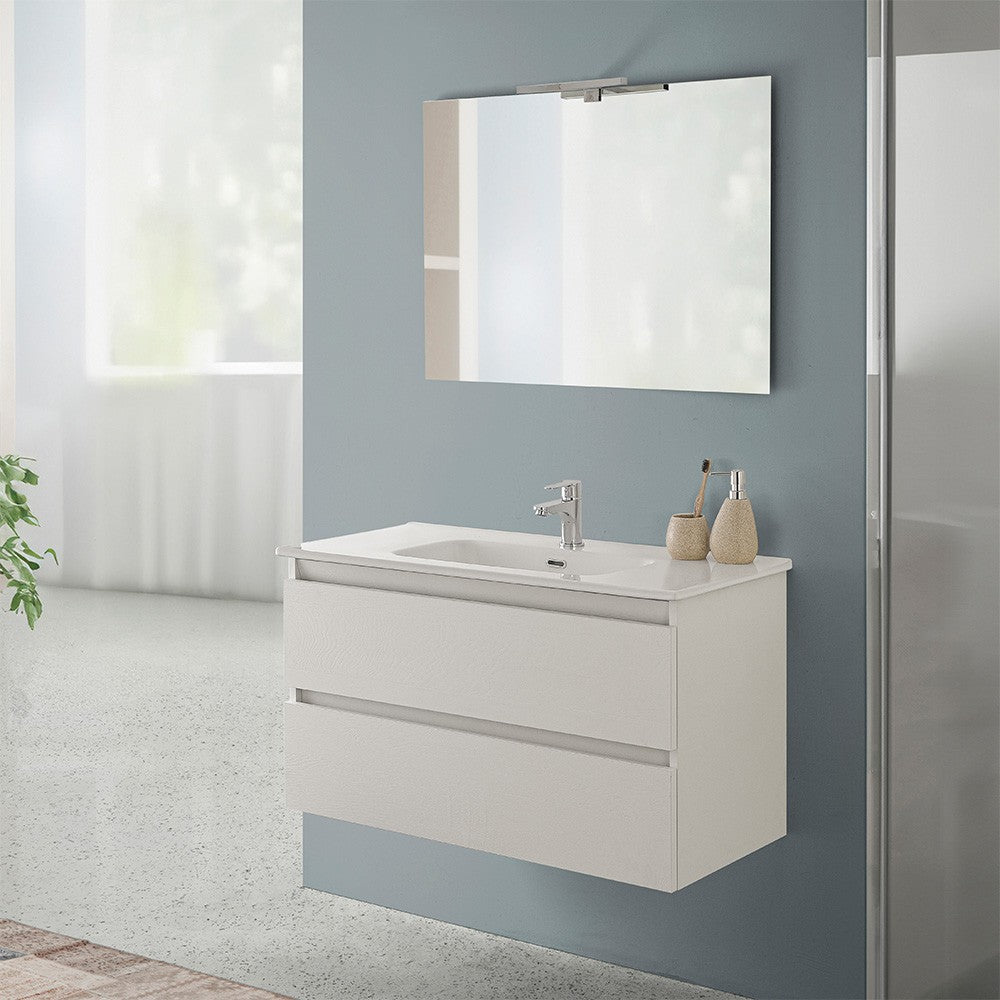 Mobile bagno sospeso 90 rovere bianco completo con 2 cassetti Nadia