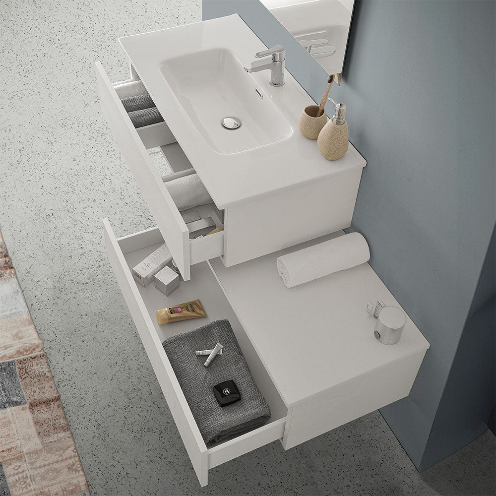 Mobile bagno sospeso 90 rovere bianco con 2 cassetti e pensile Nadia