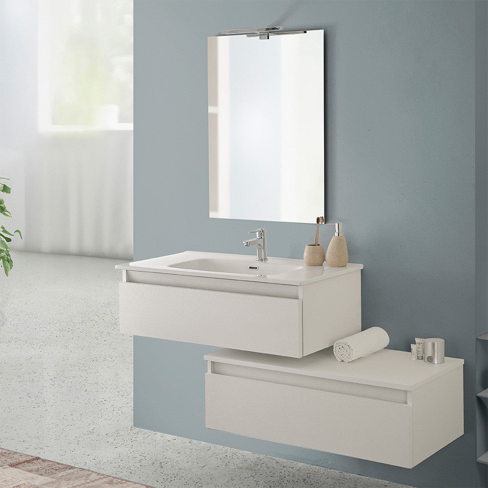 Mobile bagno sospeso 90 rovere bianco con base lavabo e cassetto Nadia