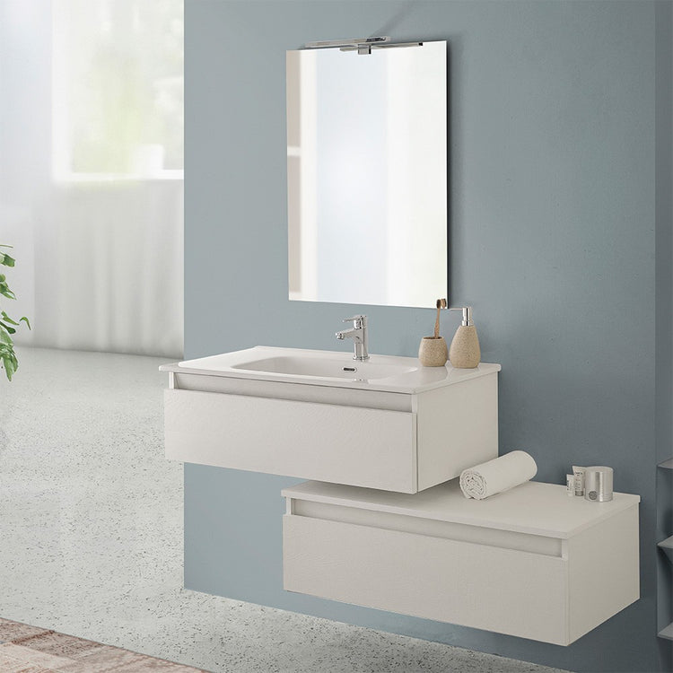 Mobile bagno sospeso 90 rovere bianco con base lavabo e cassetto Nadia