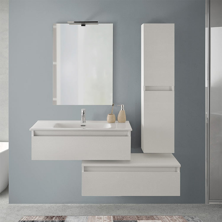 Mobile bagno sospeso 90 rovere bianco con base lavabo e cassetto Nadia