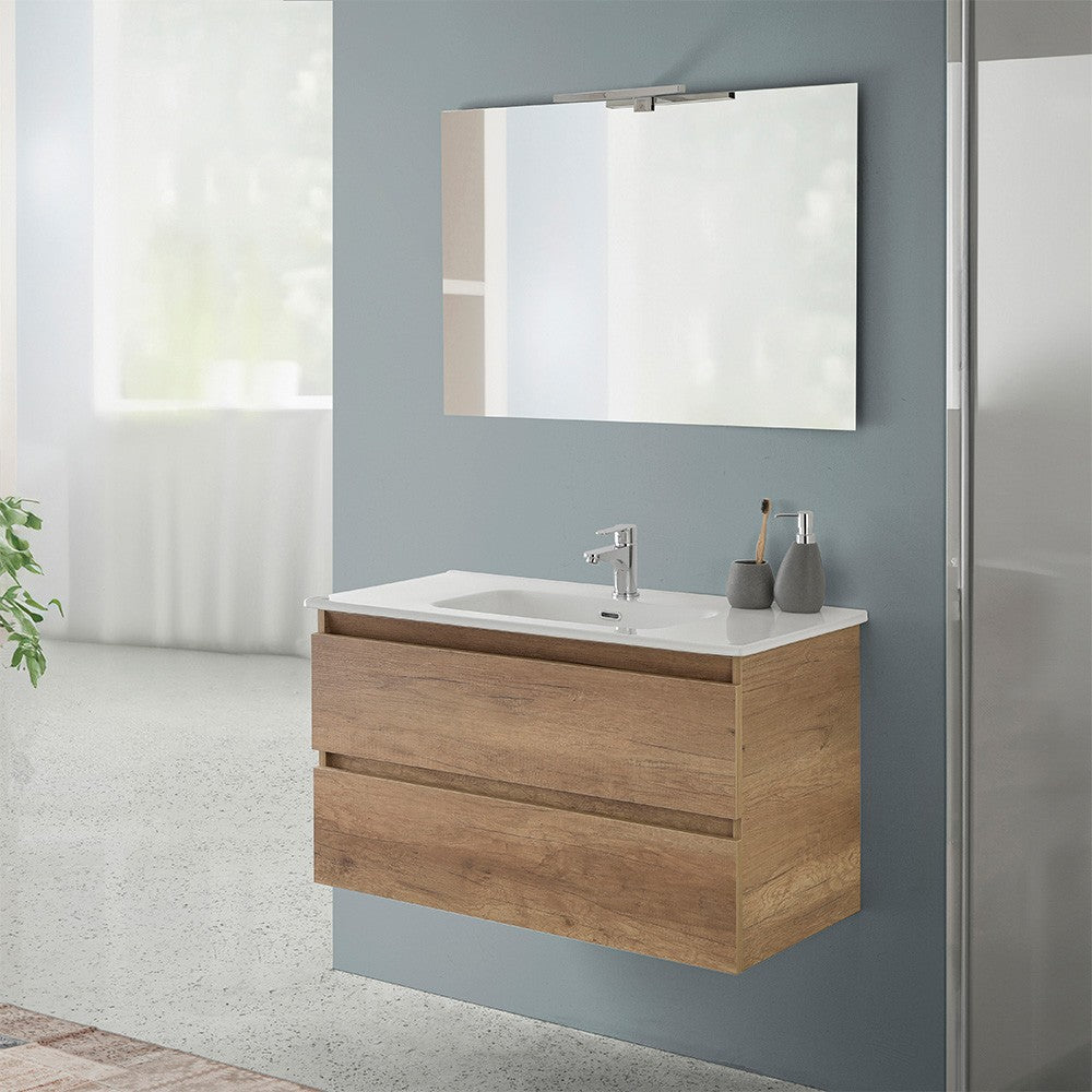 Mobile bagno sospeso 90 rovere naturale completo con 2 cassetti Nadia