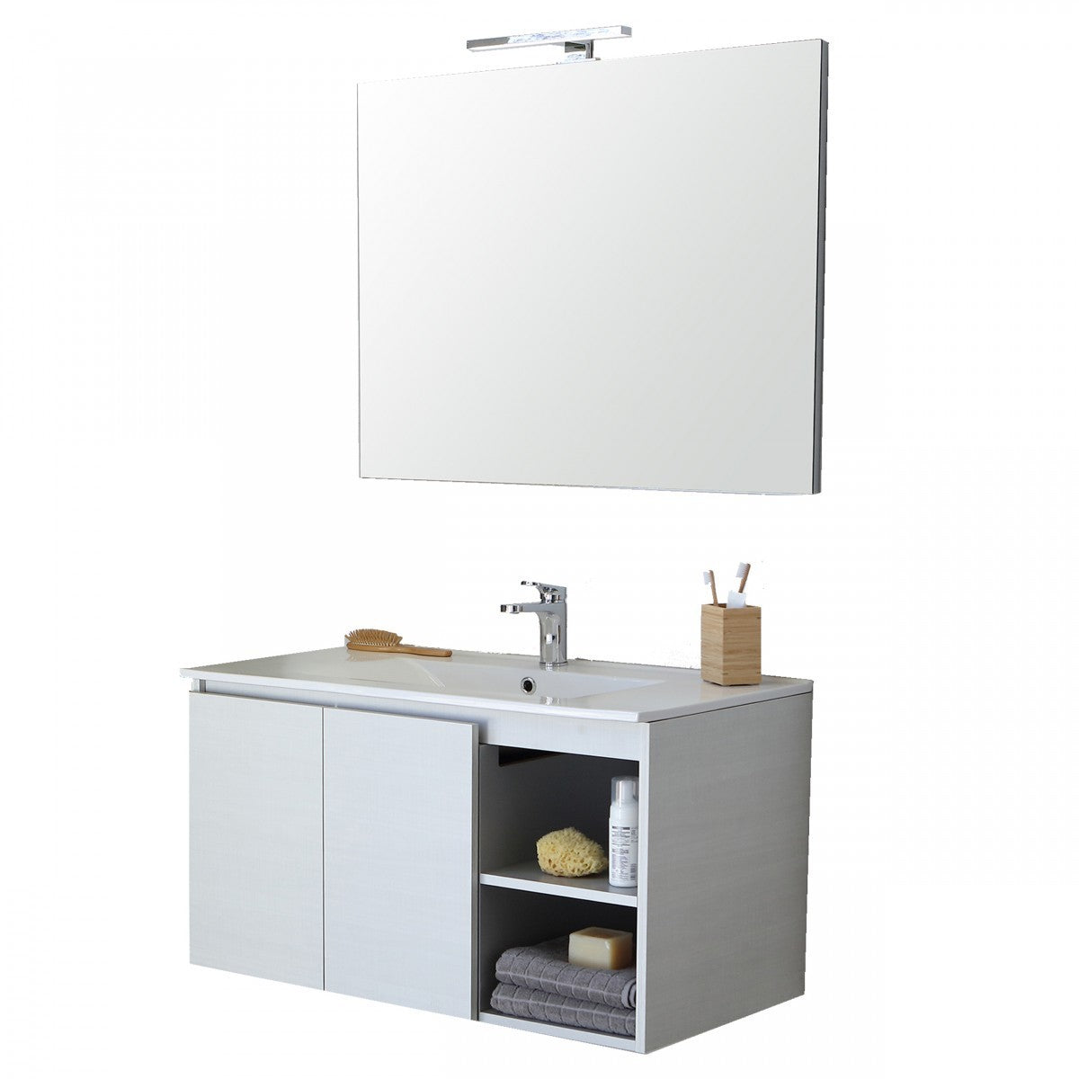 Mobile bagno sospeso 90cm bianco con specchio e luce sun