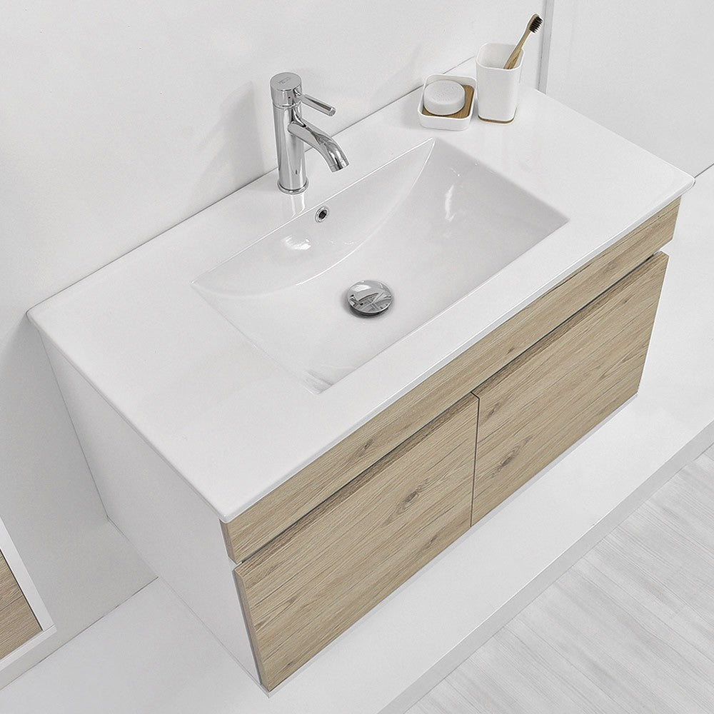 Mobile bagno sospeso da 90 cm Duble rovere africa con lavabo e specchio