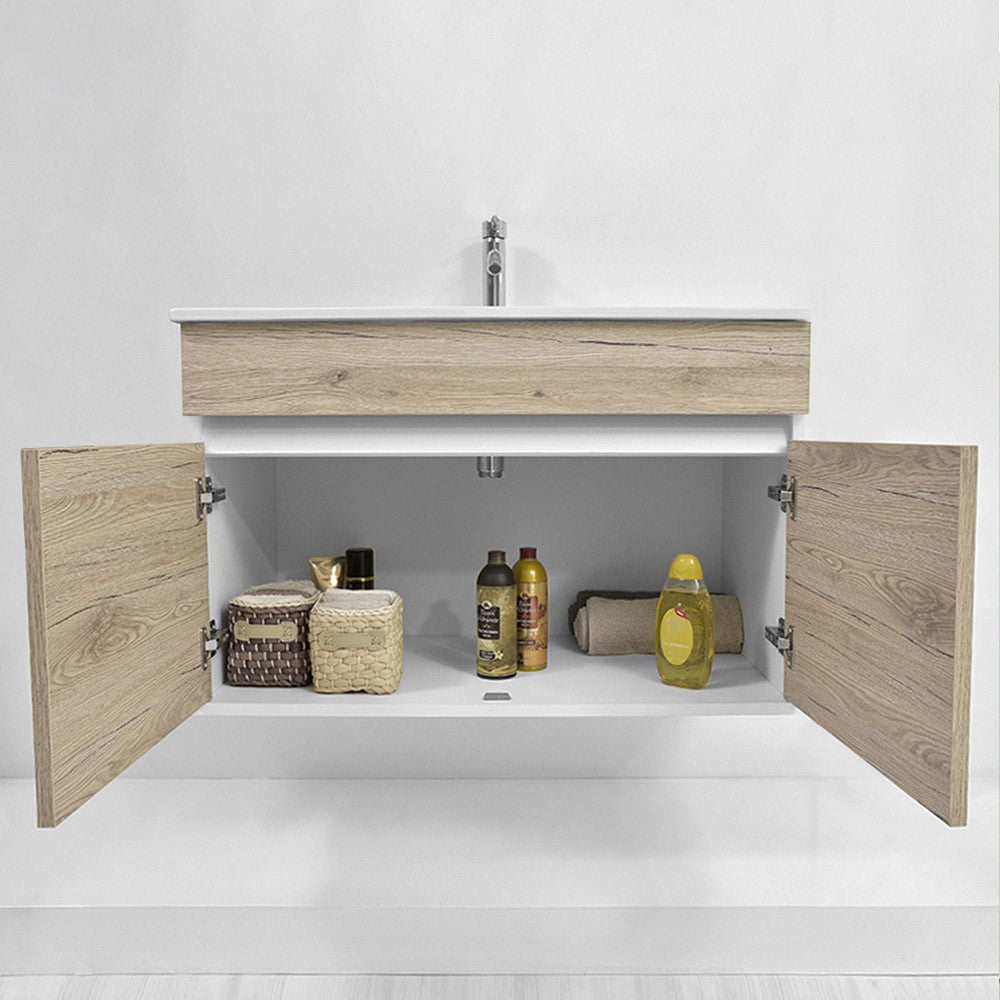 Mobile bagno sospeso da 90 cm Duble rovere africa con lavabo e specchio