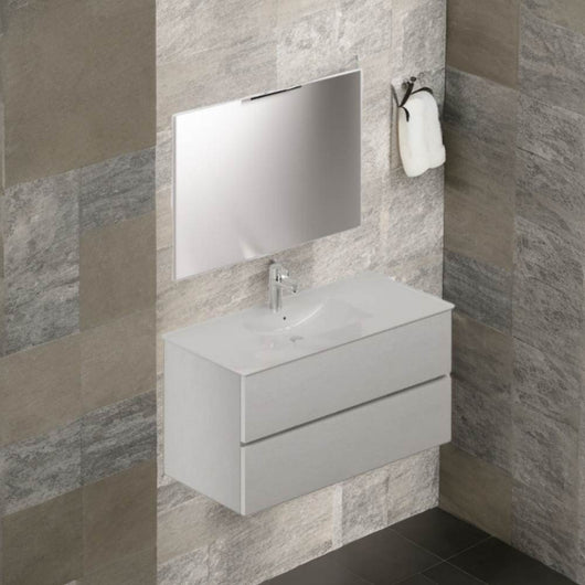 Mobile bagno sospeso bianco frassinato 2 cassetti con lavabo e specchio COMP100BF 101x46x54h