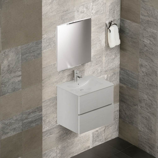 Mobile bagno sospeso bianco frassinato 2 cassetti con lavabo e specchio COMP60BF 61x46x54h