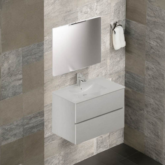 Mobile bagno sospeso bianco frassinato 2 cassetti con lavabo e specchio COMP80BF 81x46x54h