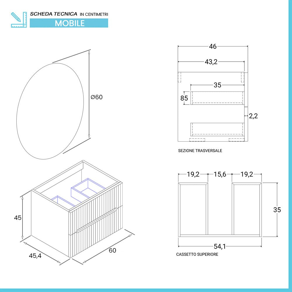 Mobile bagno sospeso cannettato 60 cm noce canaletto con specchio | Bali