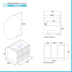 Mobile bagno sospeso cannettato 60 cm noce canaletto con specchio | Bali