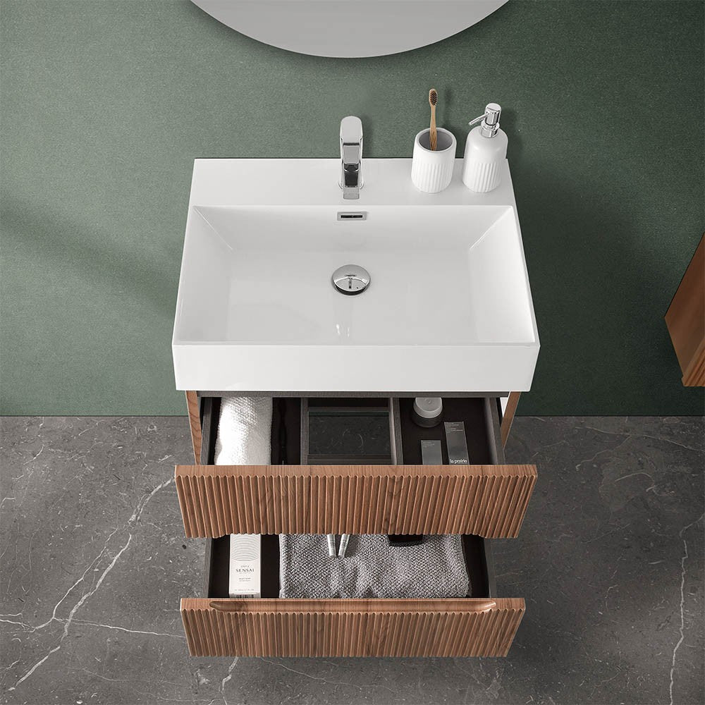 Mobile bagno sospeso cannettato 60 cm noce canaletto con specchio | Bali