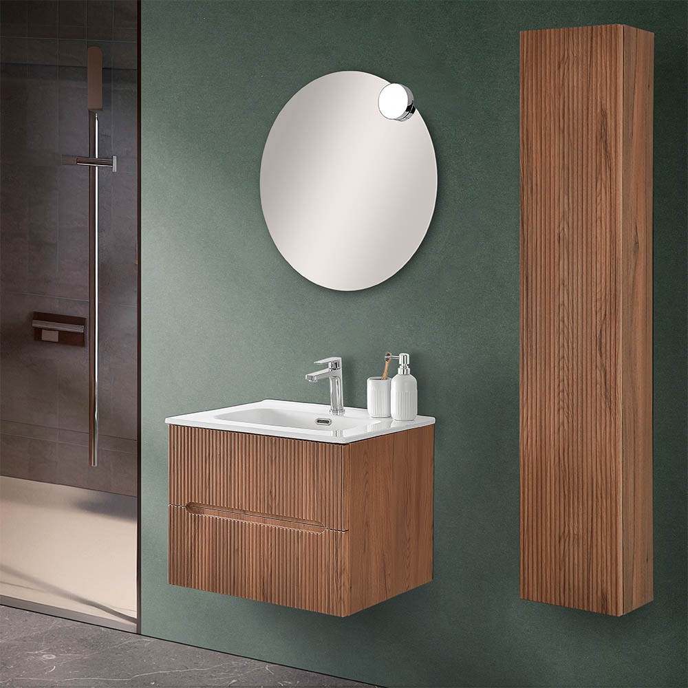 Mobile bagno sospeso cannettato 60 cm noce canaletto con specchio | Bali