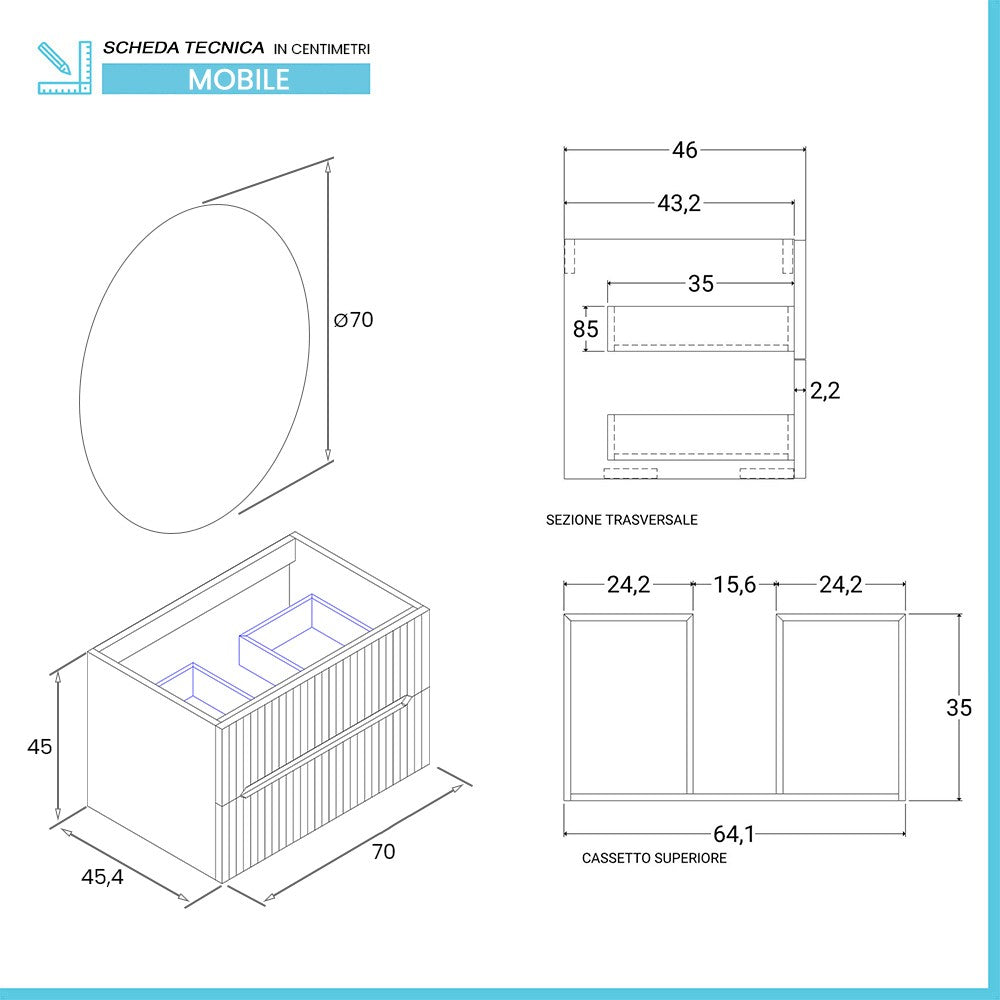 Mobile bagno sospeso cannettato 70 cm bianco opaco con specchio | Bali