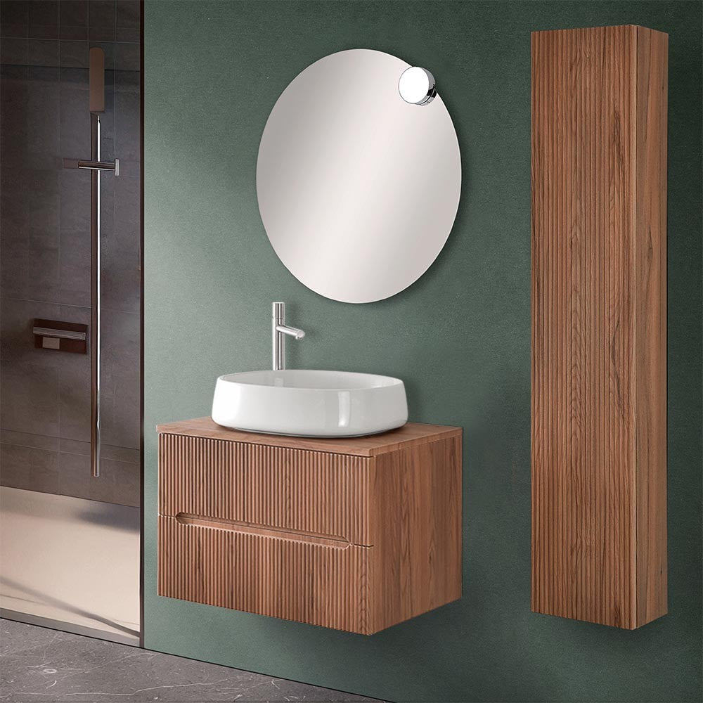 Mobile bagno sospeso cannettato 70 cm noce con top e specchio | Bali