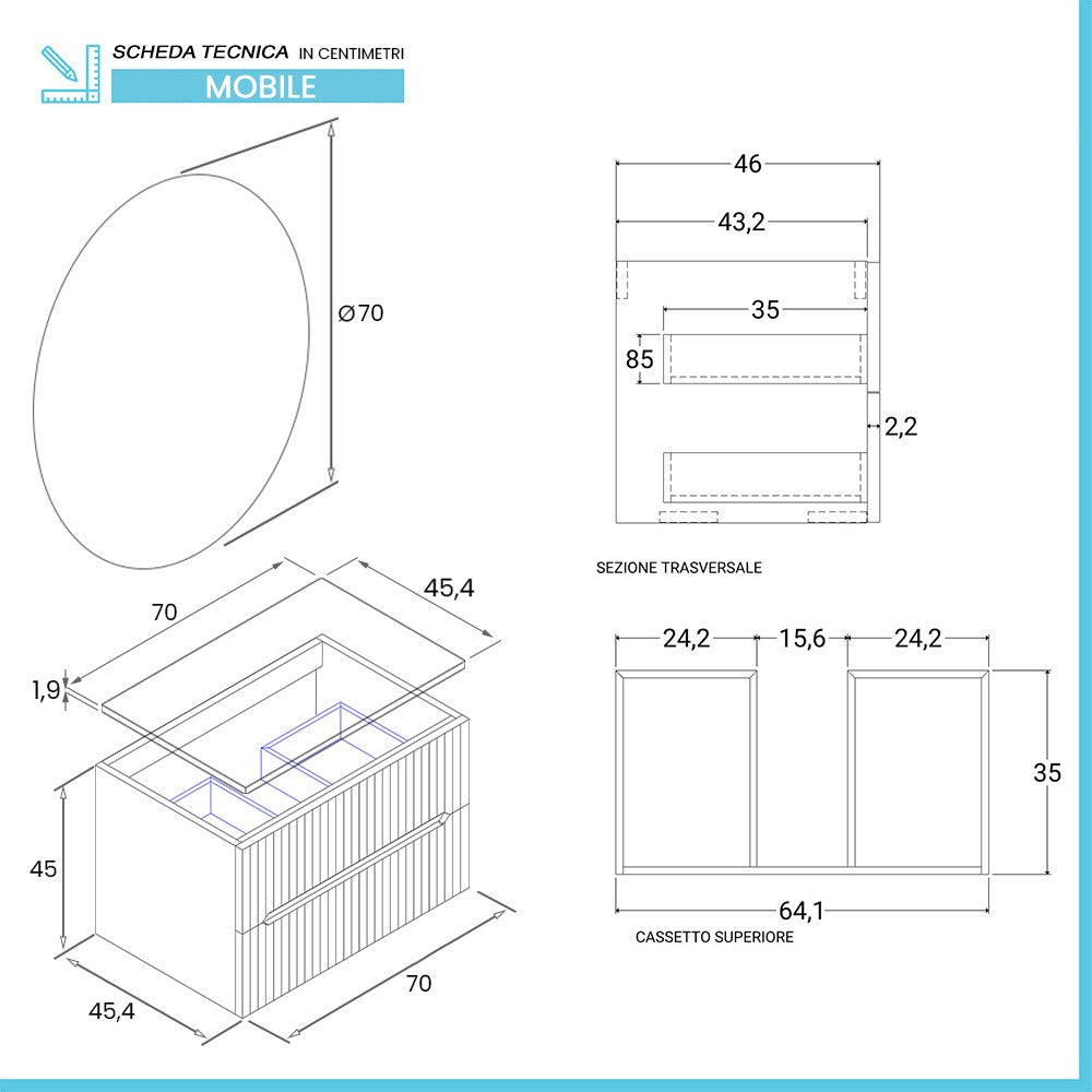 Mobile bagno sospeso cannettato 70 cm noce con top e specchio | Bali