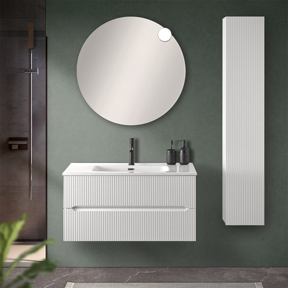 Mobile bagno sospeso cannettato 90 cm bianco opaco con specchio | Bali