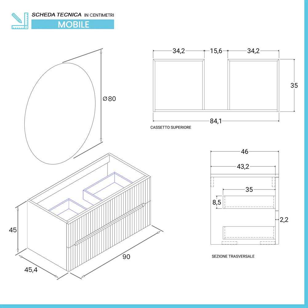 Mobile bagno sospeso cannettato 90 cm bianco opaco con specchio | Bali