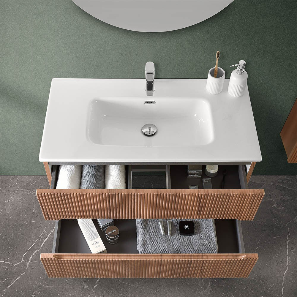 Mobile bagno sospeso cannettato 90 cm noce canaletto con specchio | Bali