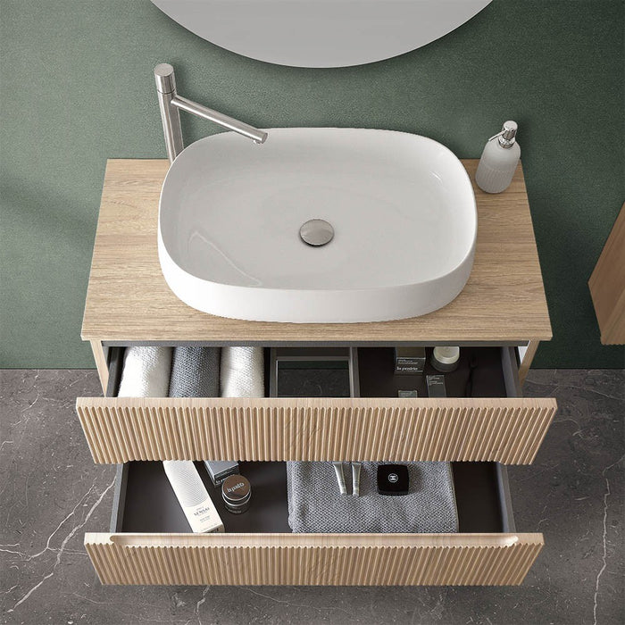 Mobile bagno sospeso cannettato 90 cm sabbiato con top e specchio | Bali