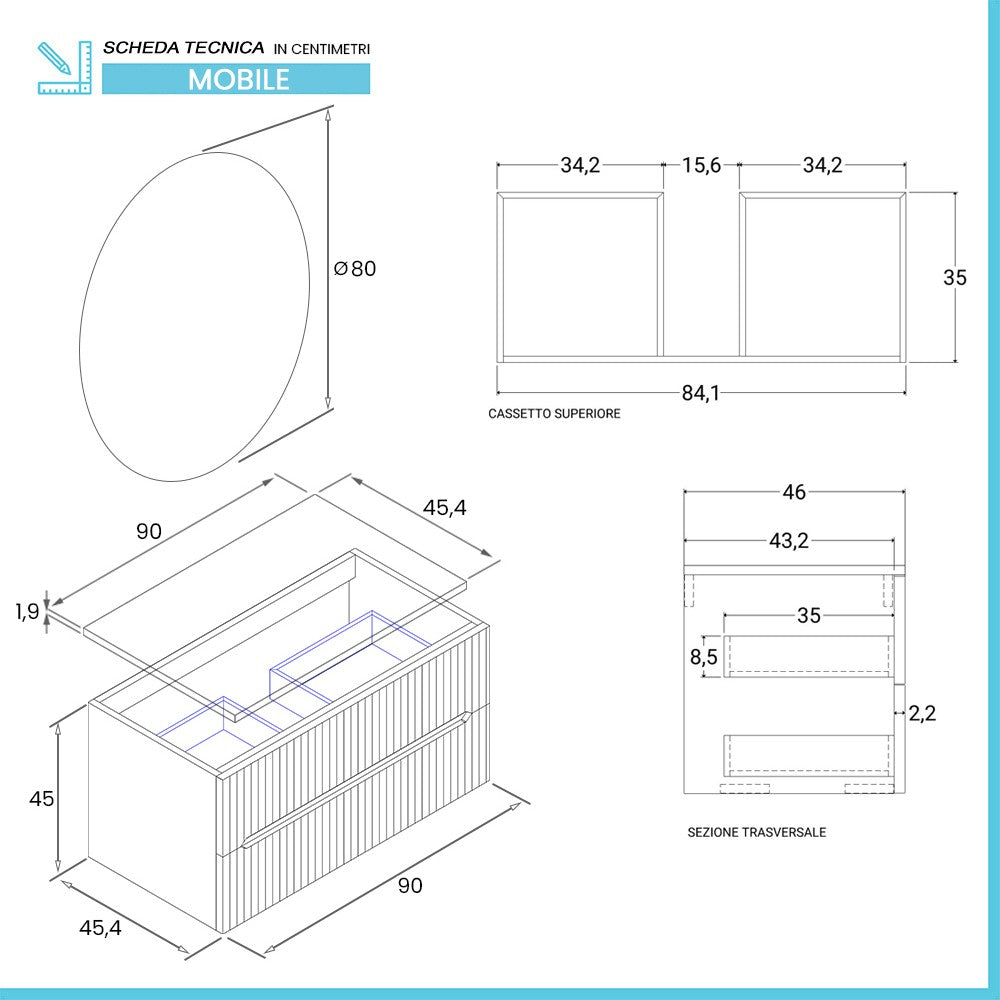 Mobile bagno sospeso cannettato 90 cm sabbiato con top e specchio | Bali