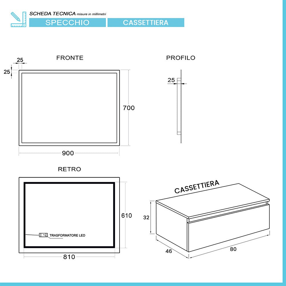 Mobile bagno sospeso 80 con lavabo 100  blu pastello e specchio Iside