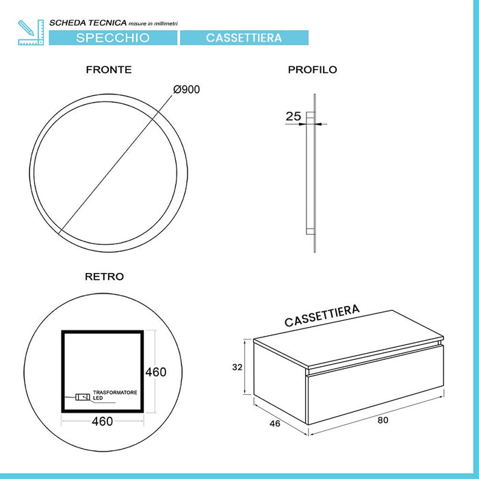 Mobile bagno sospeso 80 con lavabo 100 blu pastello e specchio Iside