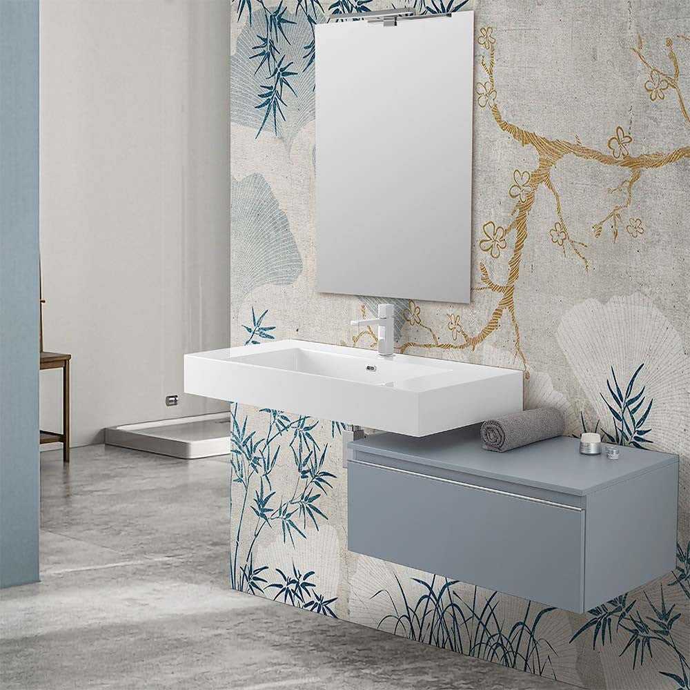 Mobile bagno sospeso 80 con lavabo 100 colore blu pastello e specchio Iside