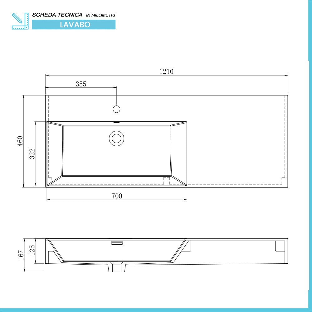 Mobile bagno sospeso 60 con lavabo 120 sinistro blu pastello e specchio Iside