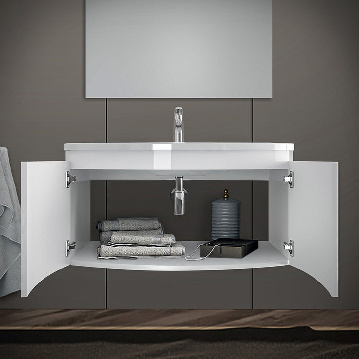 Mobile bagno sospeso curvo 80 cm bianco lucido con lavabo e specchio