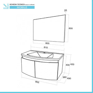 Mobile bagno sospeso curvo 80 cm rovere nordico con lavabo e specchio