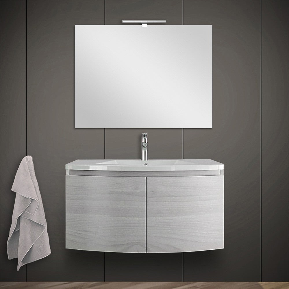 Mobile bagno sospeso curvo 80 cm rovere nordico con lavabo e specchio