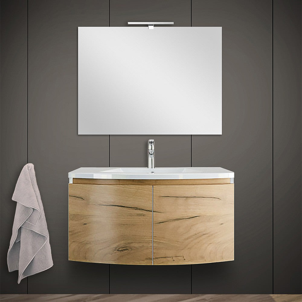 Mobile bagno sospeso curvo 80 cm rovere oro con lavabo e specchio