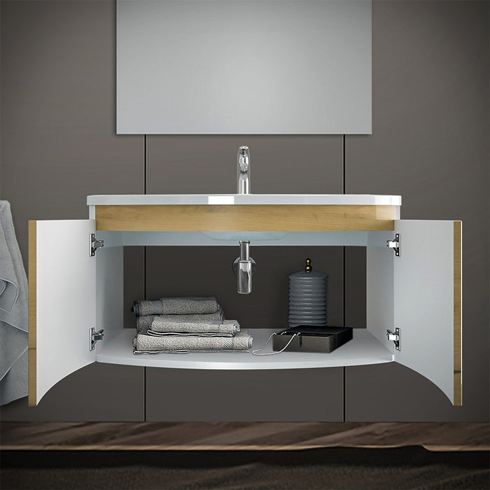 Mobile bagno sospeso curvo 80 cm rovere oro con lavabo e specchio