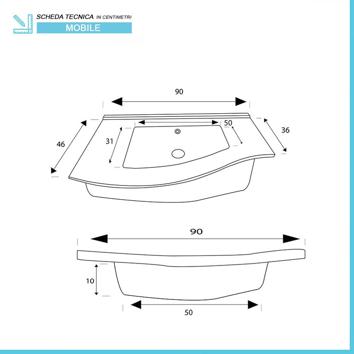 Mobile bagno sospeso curvo 90 cm Minori noce canaletto con lavabo