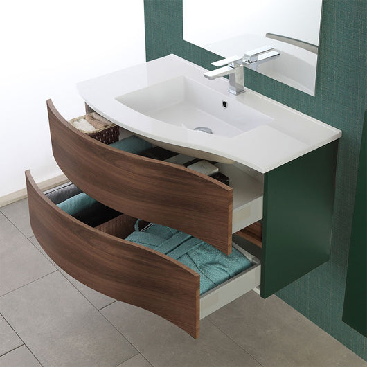 Mobile bagno sospeso curvo 90 cm Minori noce canaletto con lavabo