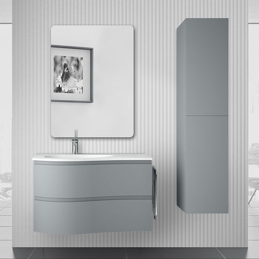 Mobile bagno sospeso curvo 90 cm Melody azzurro polvere con vasca e specchio