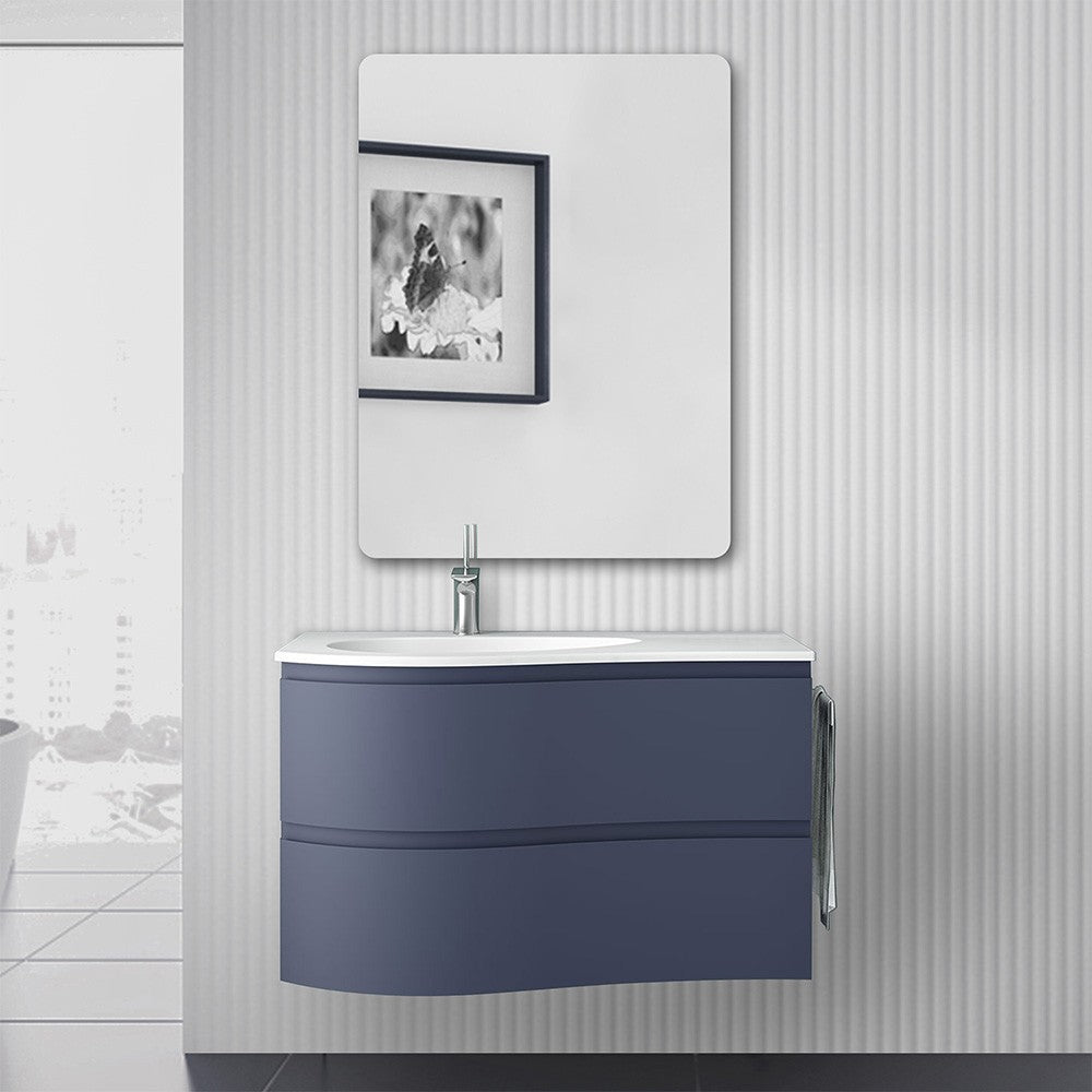 Mobile bagno sospeso curvo 90 cm Melody blu navy con vasca e specchio