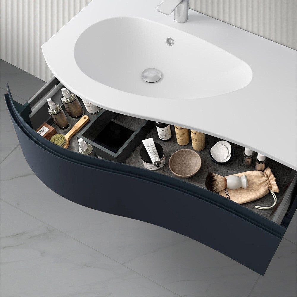 Mobile bagno sospeso curvo 90 cm Melody blu navy con vasca e specchio