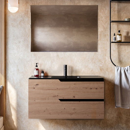 Mobile bagno 80 cm Sospeso Rovere Cartagena con Lavabo Nero Opaco Boston Senza Specchio Bonussi