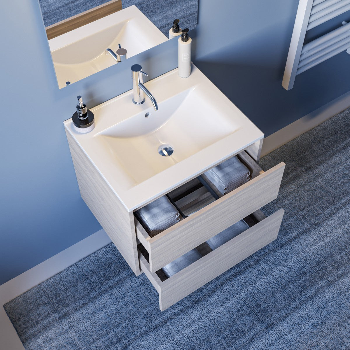 Mobile bagno sospeso in legno chiaro da 60cm con cassetti