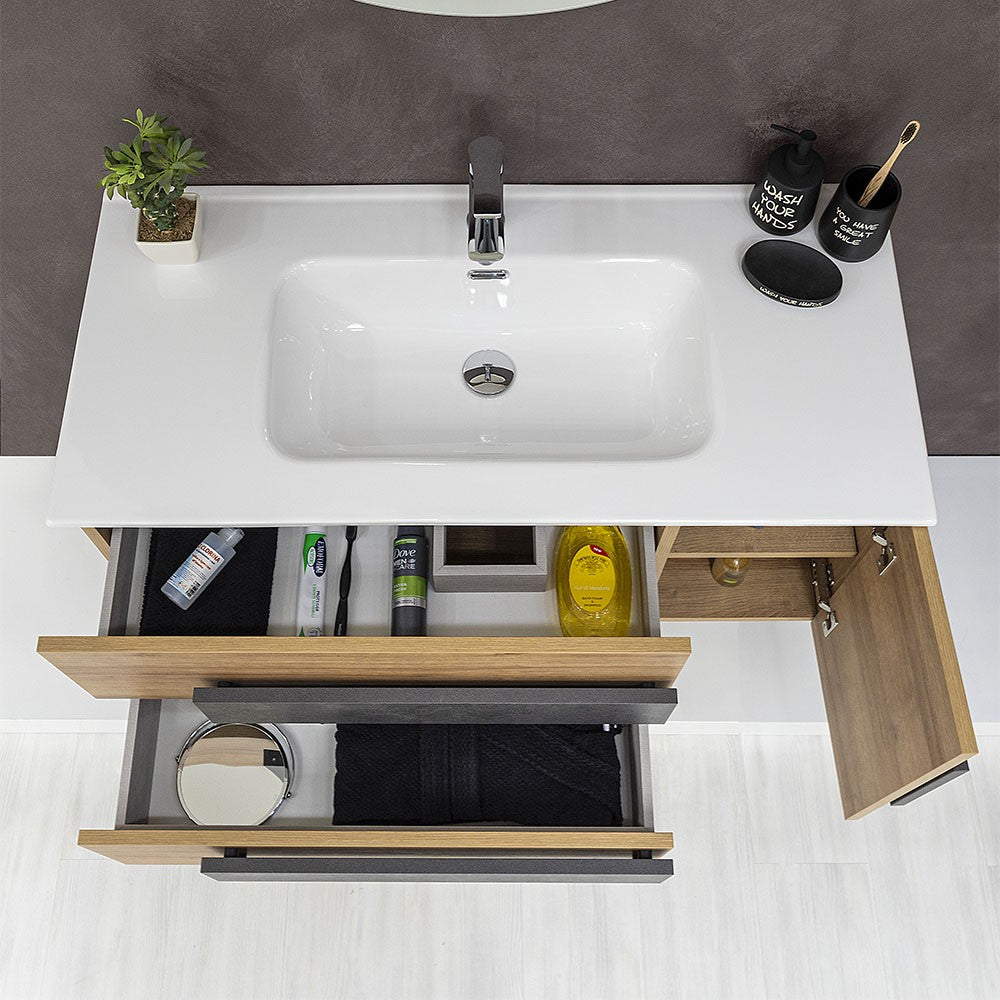 Mobile Bagno Sospeso Moderno Legno Rovere 100x47 cm Completo di Specchio Tondo