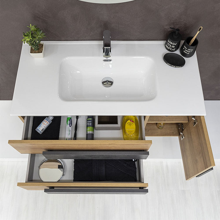 Mobile Bagno Sospeso Moderno Legno Rovere 100x47 cm Completo di Specchio Tondo