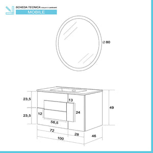 Mobile Bagno Sospeso Moderno Legno Rovere 100x47 cm Completo di Specchio Tondo