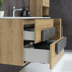 Mobile Bagno Sospeso Moderno Legno Rovere 100x47 cm Completo di Specchio Tondo