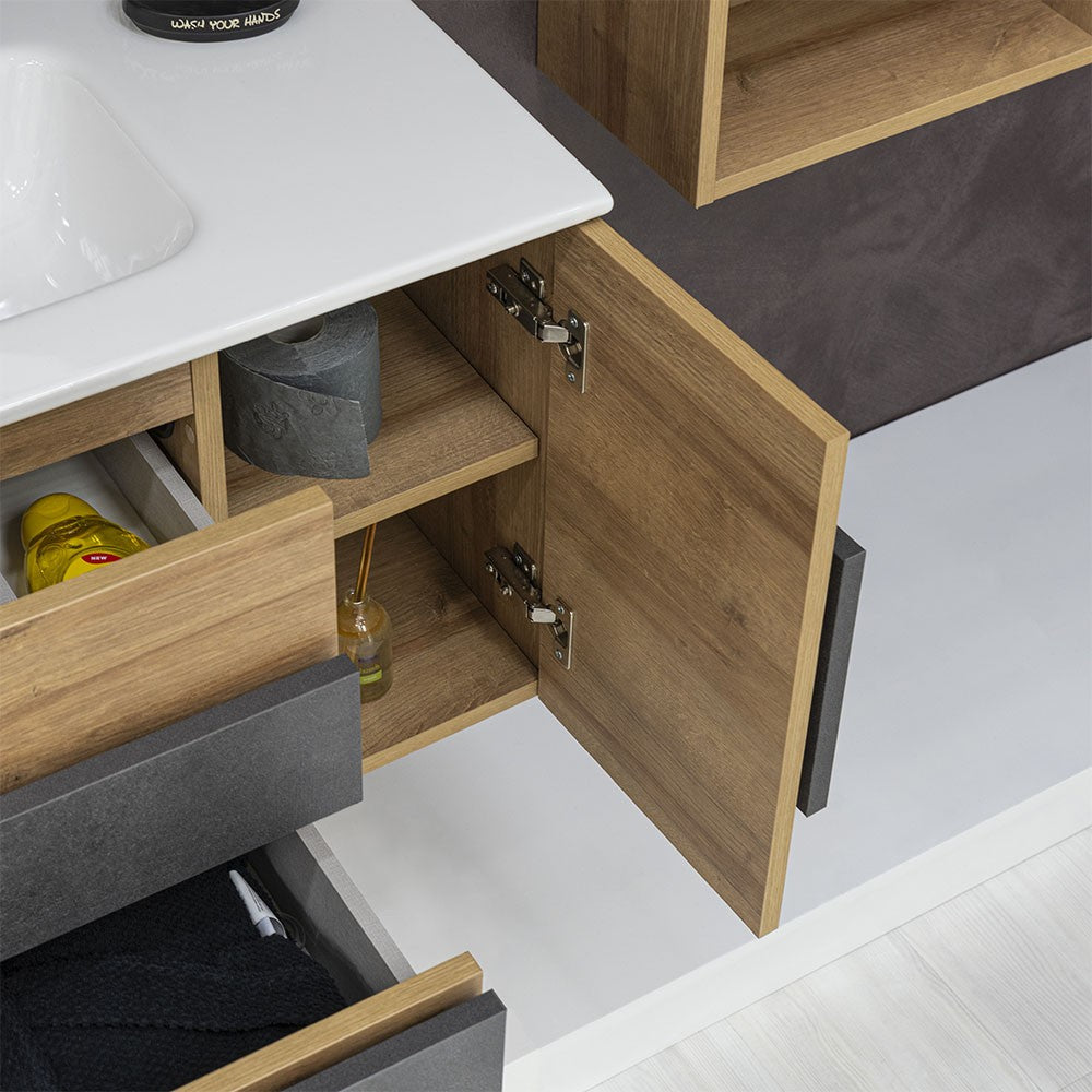 Mobile Bagno Sospeso Moderno Legno Rovere 100x47 cm Completo di Specchio Tondo