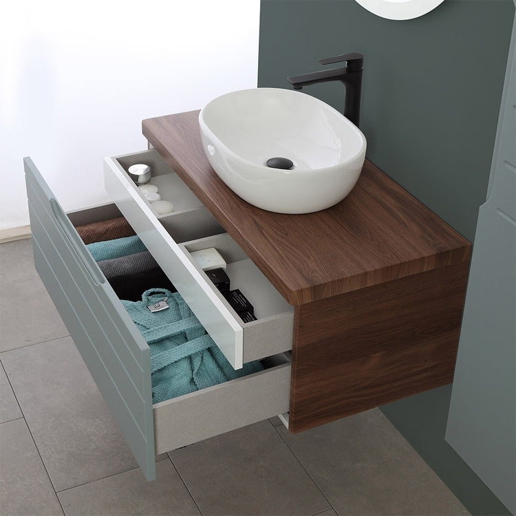 Mobile bagno sospeso noce canaletto 90 cm completo di lavabo e specchio Amalfi